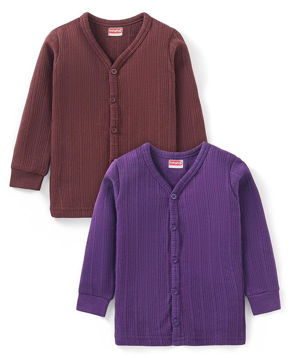 Babyhug Full Sleeves Front Open Solid Colour Thermal Vests Pack of 2 - Brown & Purple