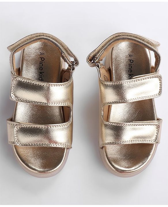 Pine Kids Solid Colour Party Wear Sandals with Velcro Closure - Golden