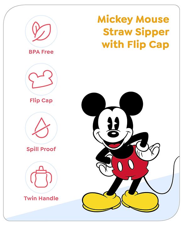 Babyhug Disney Flip Top Open Sipper with Mickey Mouse Print & Twin Handle Red- 180 ml