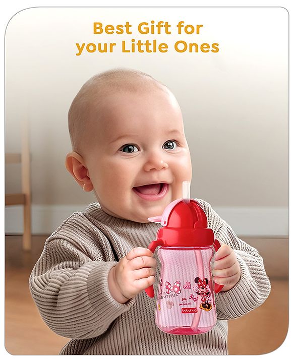 Babyhug Disney Flip Top Open Sipper with Mickey Mouse Print & Twin Handle Red- 180 ml