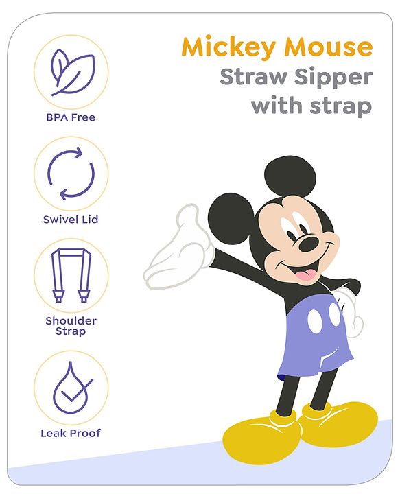 Babyhug Disney Straw Sipper with Strap & Mickey Mouse Print - 360 ml