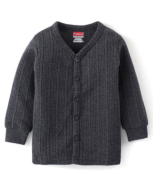 Babyhug Full Sleeves Front Open Solid Thermal Vest - Dark Grey