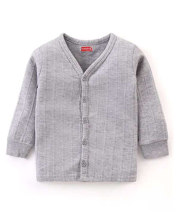 Babyhug Full Sleeves Front Open Solid Color Thermal Vest - Light Grey