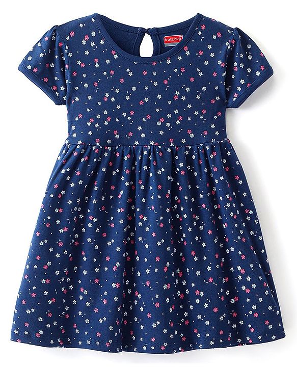 Babyhug Cotton Knit Half Sleeves Frock With Floral Print - Navy Blue