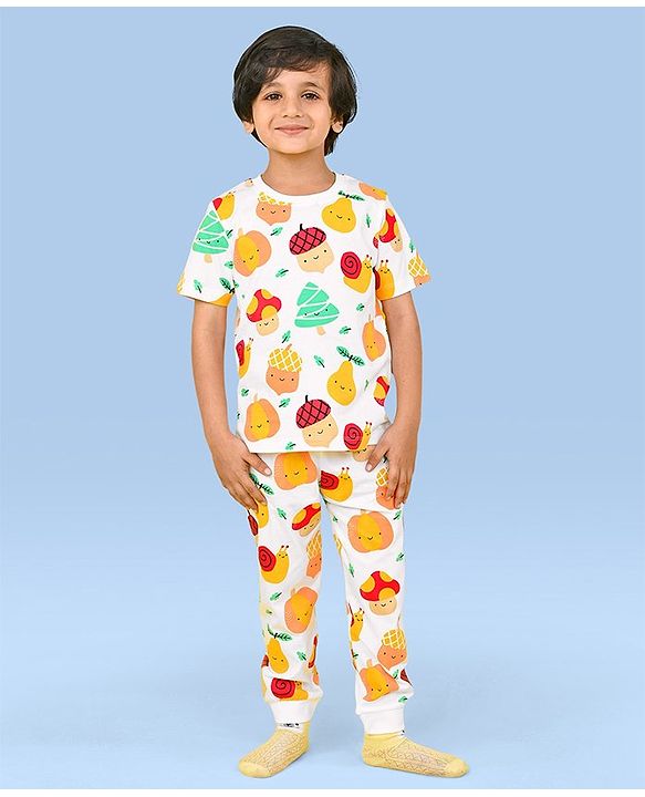 Babyhug Cotton Interlock Half Sleeves Night Suit Fruits Print - White