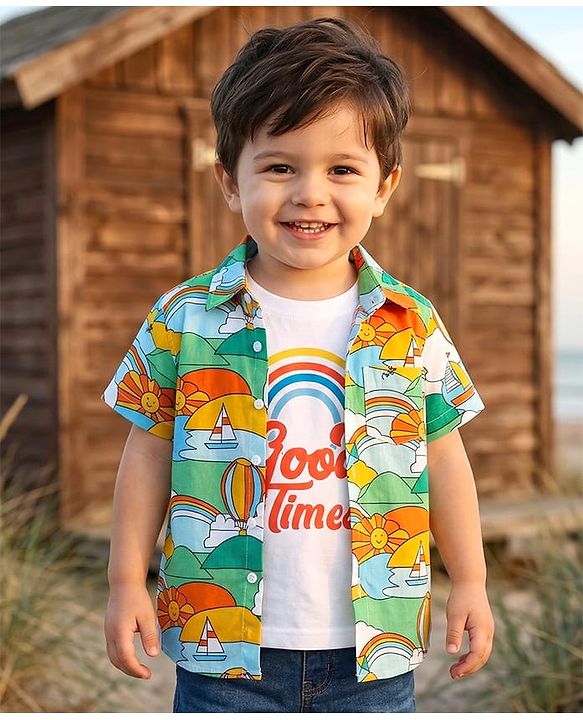 Babyhug Cotton Woven Half Sleeves Sun & Rainbow Printed Shirt with T-Shirt - Multicolour