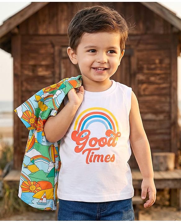 Babyhug Cotton Woven Half Sleeves Sun & Rainbow Printed Shirt with T-Shirt - Multicolour