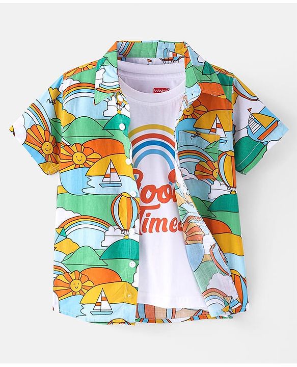 Babyhug Cotton Woven Half Sleeves Sun & Rainbow Printed Shirt with T-Shirt - Multicolour