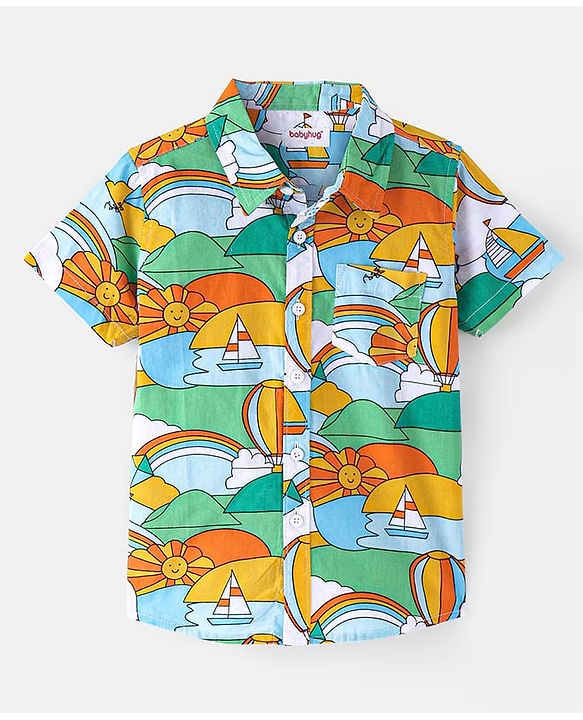 Babyhug Cotton Woven Half Sleeves Sun & Rainbow Printed Shirt with T-Shirt - Multicolour