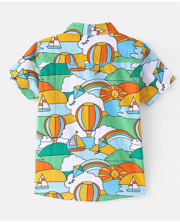 Babyhug Cotton Woven Half Sleeves Sun & Rainbow Printed Shirt with T-Shirt - Multicolour