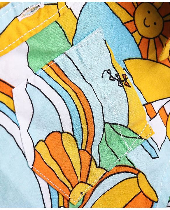 Babyhug Cotton Woven Half Sleeves Sun & Rainbow Printed Shirt with T-Shirt - Multicolour