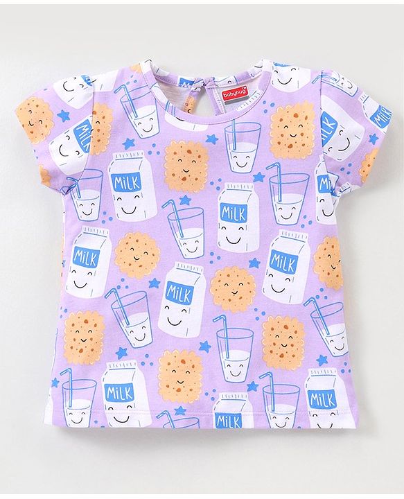 Babyhug Cotton Half Sleeves Night Suit With Milk And Cookie Print - Lavender