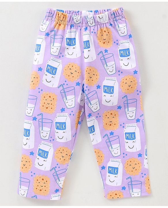 Babyhug Cotton Half Sleeves Night Suit With Milk And Cookie Print - Lavender