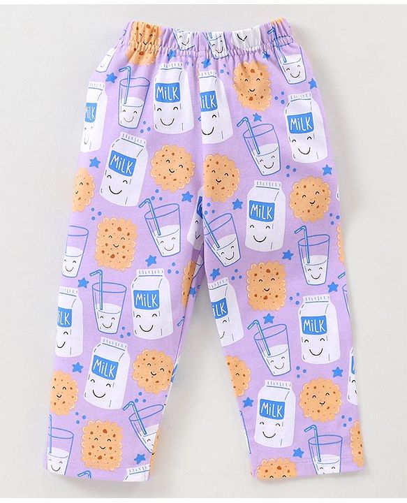 Babyhug Cotton Half Sleeves Night Suit With Milk And Cookie Print - Lavender