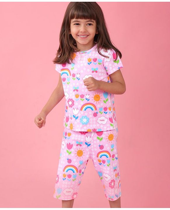Babyhug Cotton Knit Half Sleeves Capri Night Suit With Floral Print - Pink