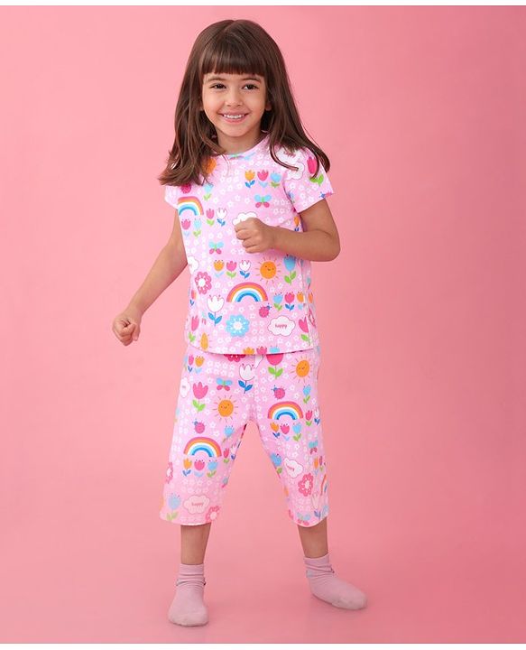 Babyhug Cotton Knit Half Sleeves Capri Night Suit With Floral Print - Pink