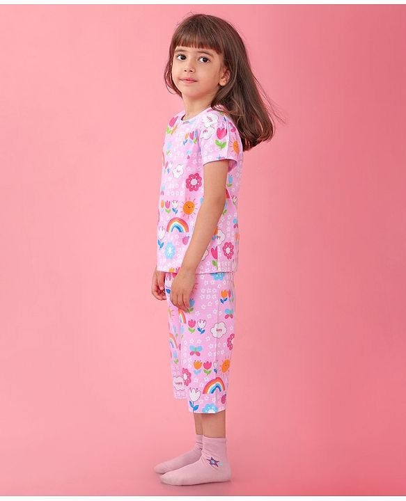 Babyhug Cotton Knit Half Sleeves Capri Night Suit With Floral Print - Pink