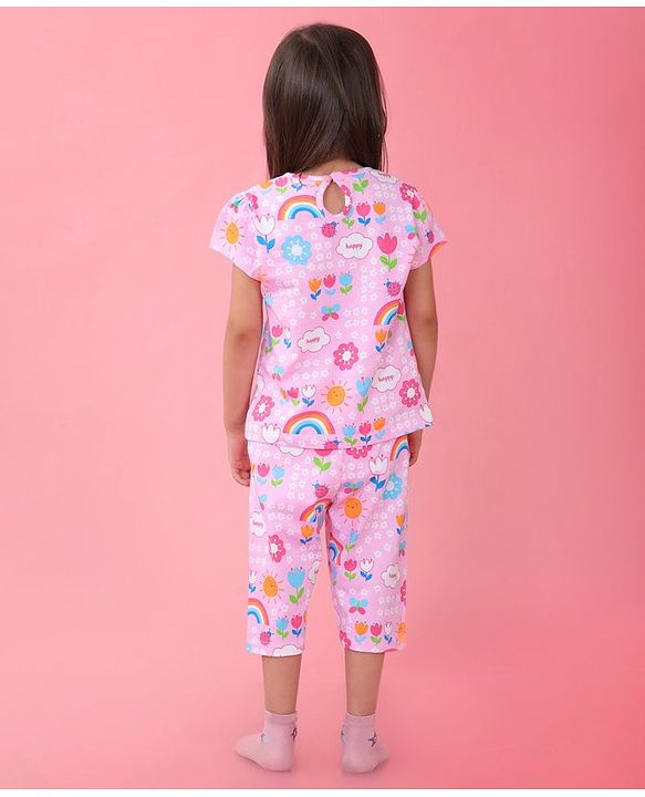 Babyhug Cotton Knit Half Sleeves Capri Night Suit With Floral Print - Pink