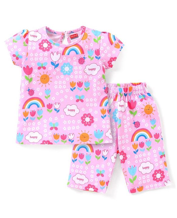 Babyhug Cotton Knit Half Sleeves Capri Night Suit With Floral Print - Pink