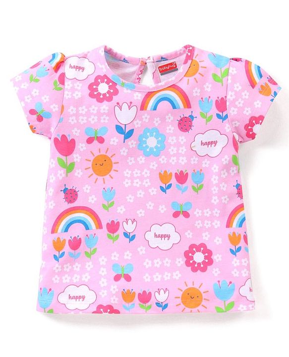 Babyhug Cotton Knit Half Sleeves Capri Night Suit With Floral Print - Pink