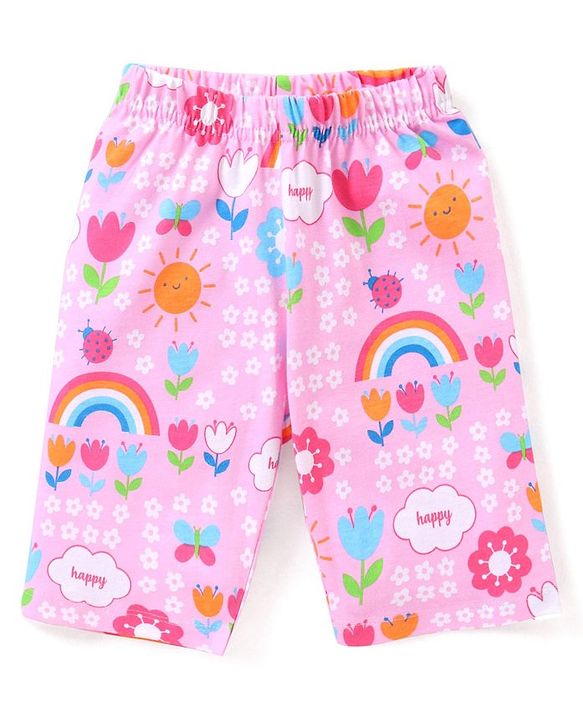 Babyhug Cotton Knit Half Sleeves Capri Night Suit With Floral Print - Pink