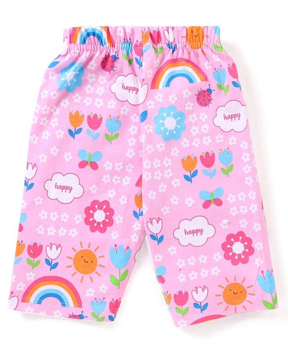 Babyhug Cotton Knit Half Sleeves Capri Night Suit With Floral Print - Pink