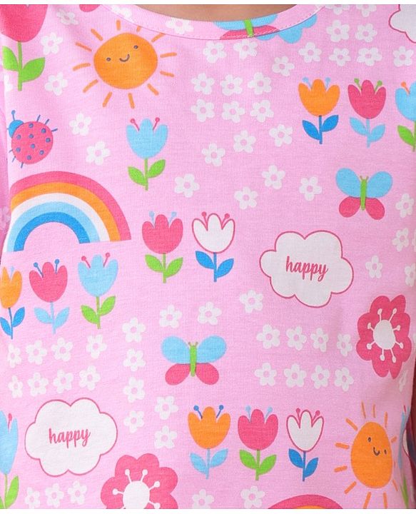 Babyhug Cotton Knit Half Sleeves Capri Night Suit With Floral Print - Pink
