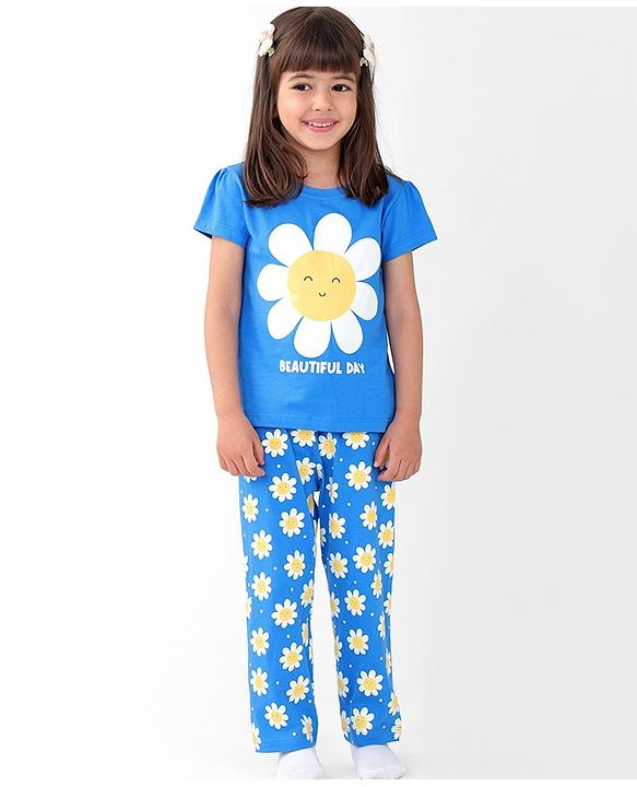Babyhug Cotton Half Sleeves Night Suit With Floral Print - Blue