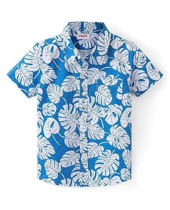 Babyhug 100% Cotton Woven Half Sleeve Regular Collar Shirt with Leafy Print - Blue