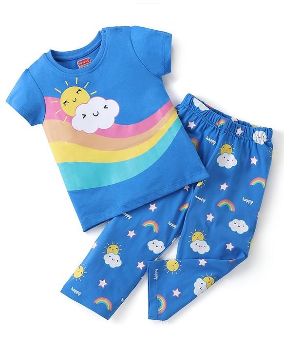 Babyhug Cotton Knit Half Sleeves Night Suit With Rainbow Print - Blue