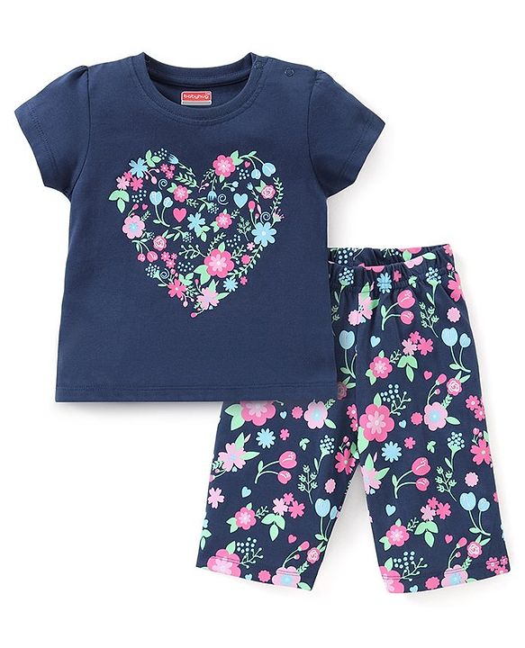 Babyhug Single Jersey Half Sleeves Night Suit Floral Print - Navy Blue