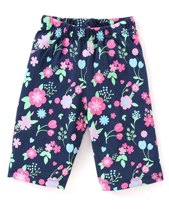 Babyhug Single Jersey Half Sleeves Night Suit Floral Print - Navy Blue