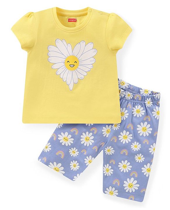 Babyhug Cotton Half Sleeves Capri Night Suit With Floral Print - Yellow