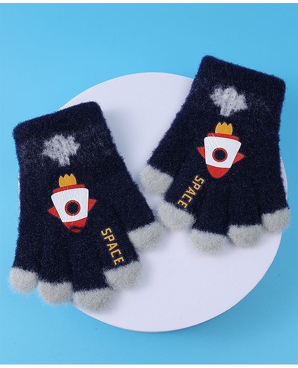 Babyhug Woollen Gloves with Rocket Print - Navy
