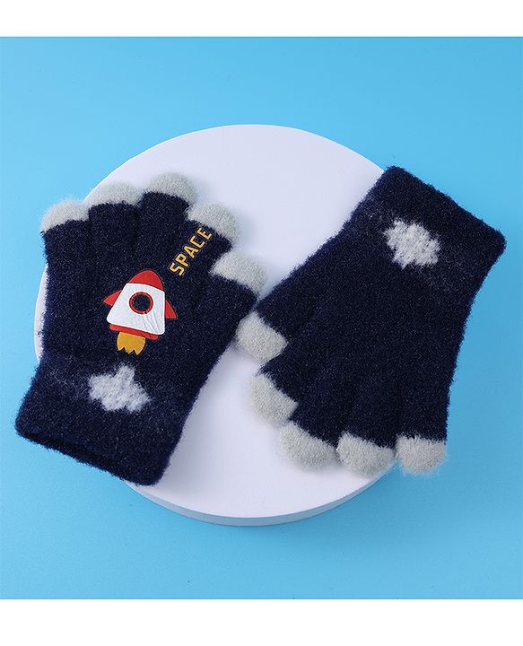 Babyhug Woollen Gloves with Rocket Print - Navy