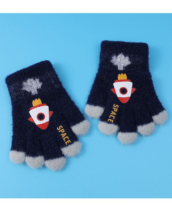 Babyhug Woollen Gloves with Rocket Print - Navy