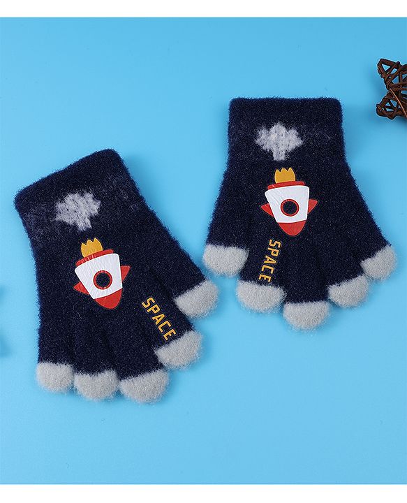 Babyhug Woollen Gloves with Rocket Print - Navy