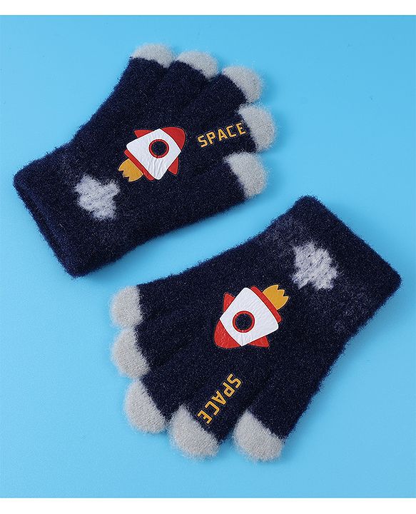Babyhug Woollen Gloves with Rocket Print - Navy