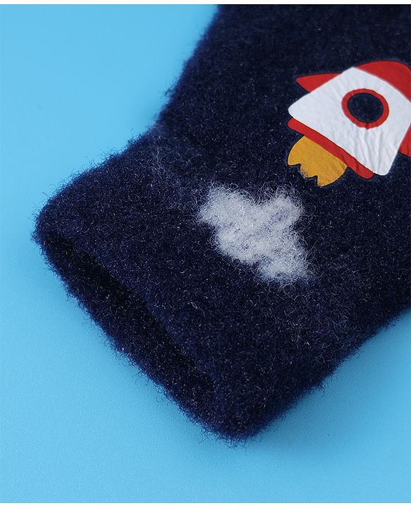 Babyhug Woollen Gloves with Rocket Print - Navy
