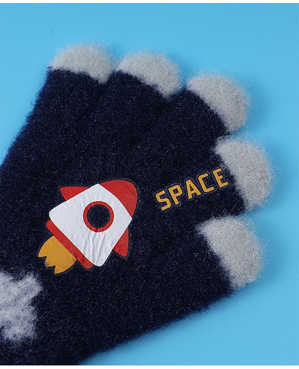 Babyhug Woollen Gloves with Rocket Print - Navy