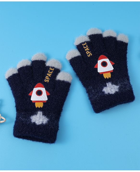 Babyhug Woollen Gloves with Rocket Print - Navy