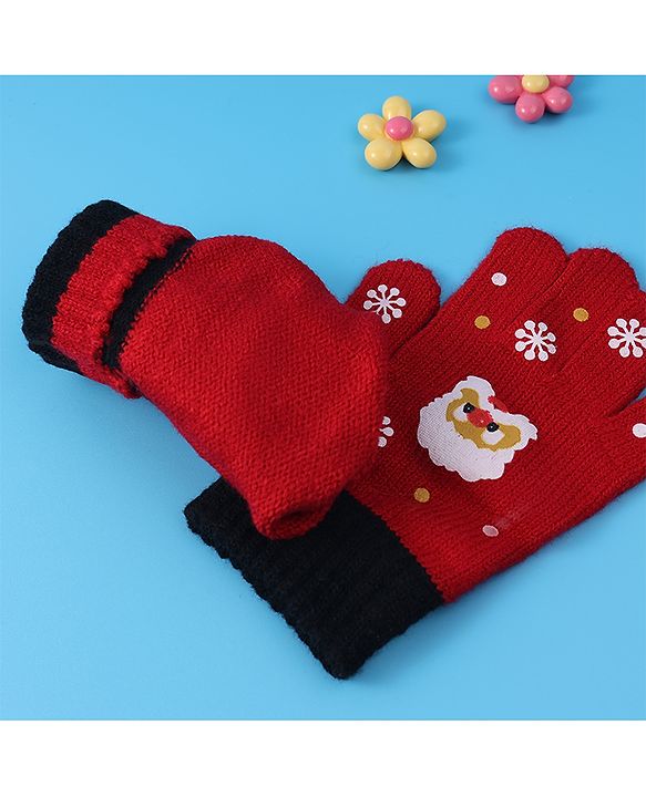 Babyhug Woollen Gloves with Owl Print - Red