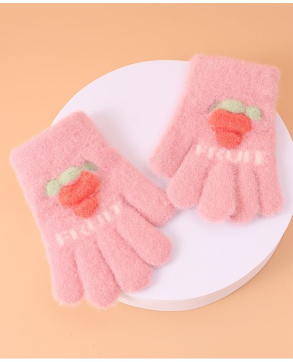 Babyhug Woollen Gloves with Fruit Print - Peach
