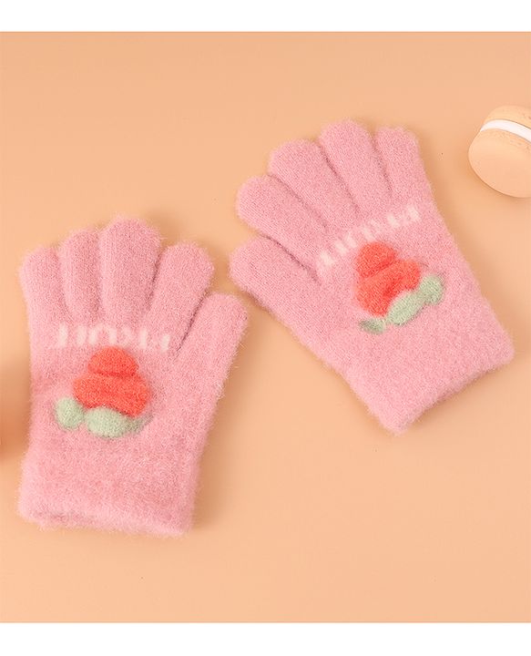 Babyhug Woollen Gloves with Fruit Print - Peach