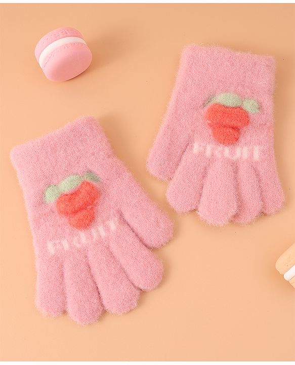 Babyhug Woollen Gloves with Fruit Print - Peach