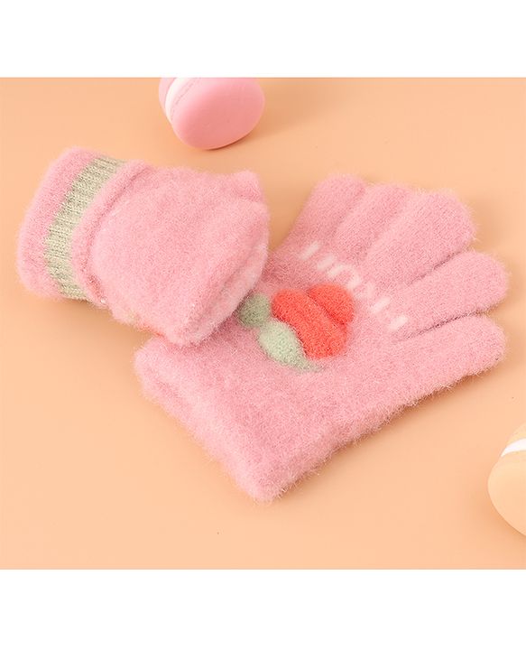 Babyhug Woollen Gloves with Fruit Print - Peach