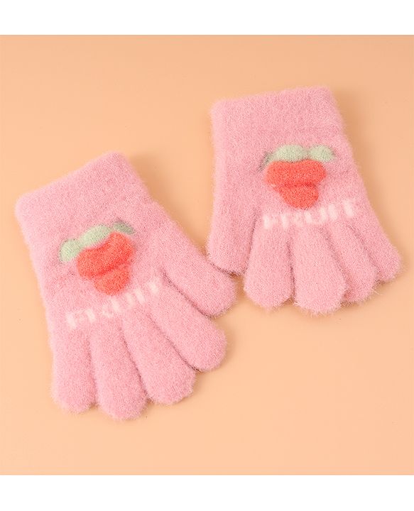 Babyhug Woollen Gloves with Fruit Print - Peach