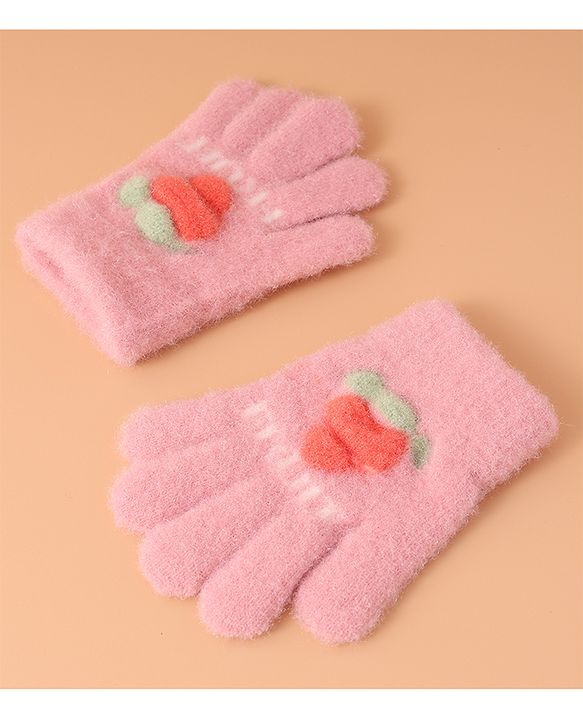 Babyhug Woollen Gloves with Fruit Print - Peach