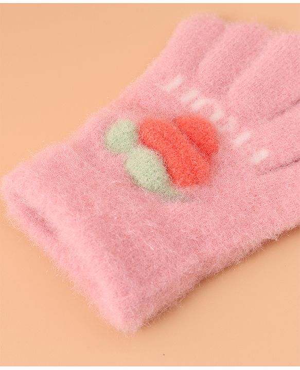 Babyhug Woollen Gloves with Fruit Print - Peach