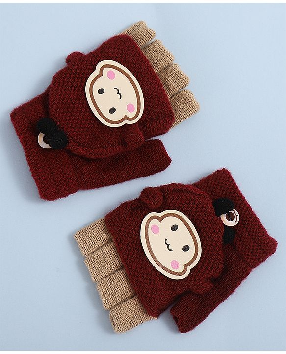 Babyhug Woollen Gloves with  Applique - Maroon